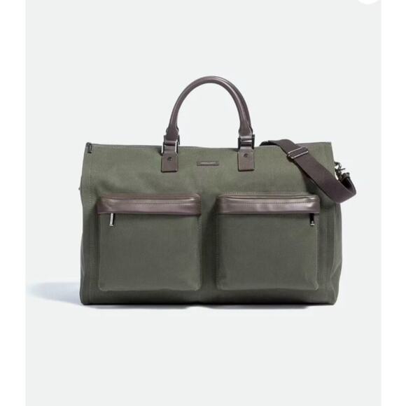 Hook & Albert Twill Garment Weekender Bag Green Canvas Leather Duffle- Rare - Picture 1 of 11